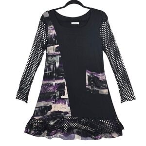 Patchington Womens Large Black Purple Abstract Fishnet Sleeve Tunic Dress USA
